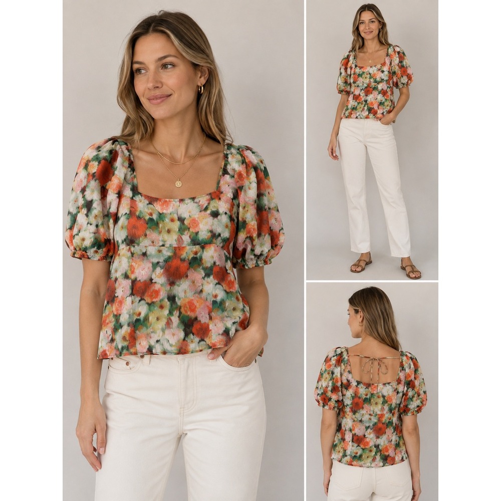 J.Crew Womens 2 Liberty Floral Cotton Top Square Neck Puff Sleeve Blouse